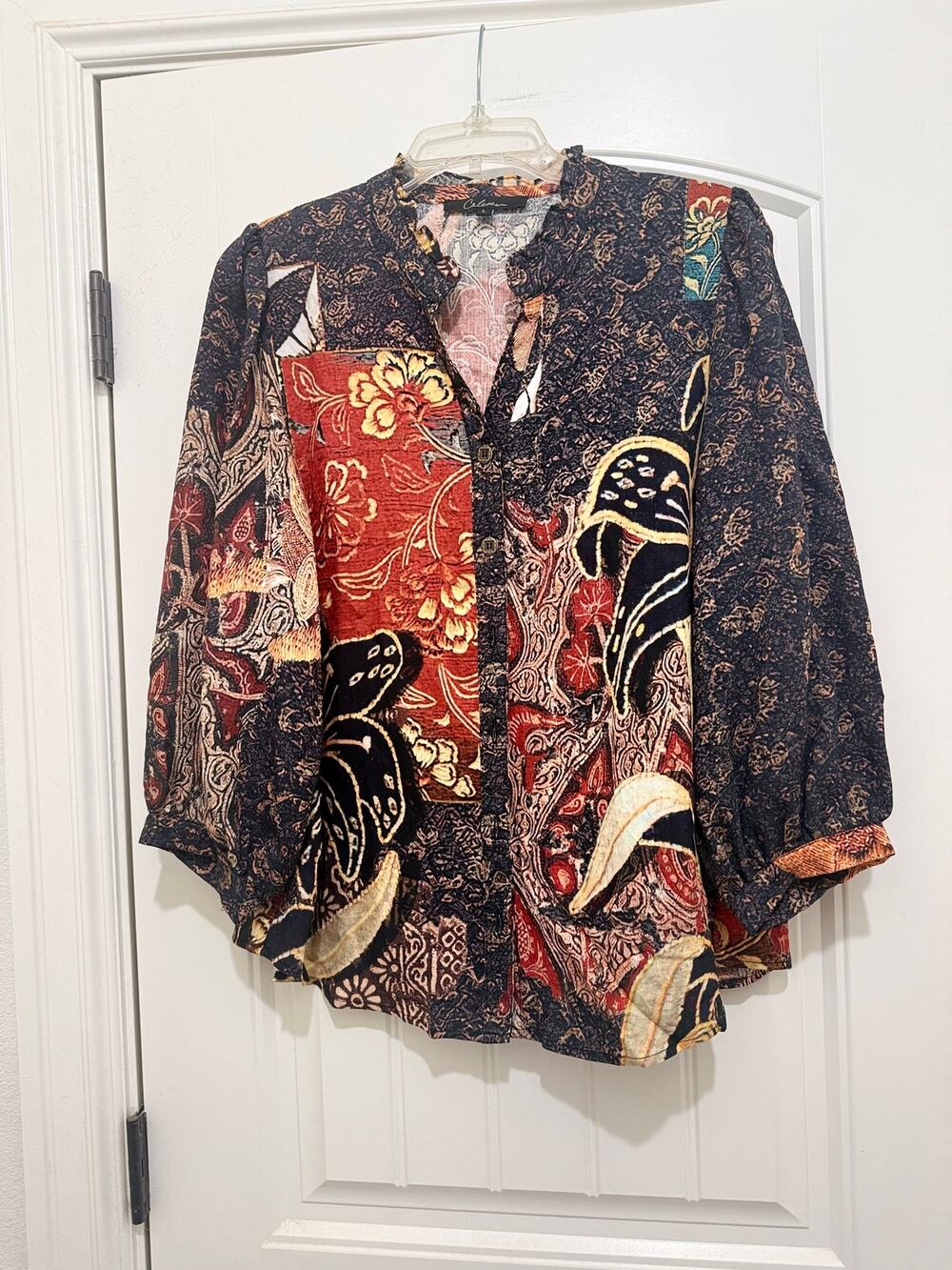 Caleesa Abstract Floral Boho Red Orange Brown Flowy Blouse Womens Large EUC